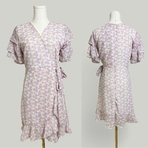 Floral Dress Women Size Medium Purple Ruffle Short Sleeves Chiffon Overlap Vneck
